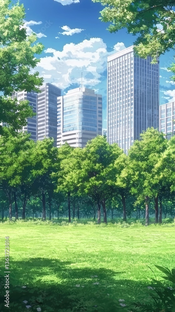 Fototapeta premium City park landscape, sunny day, urban green space, background use