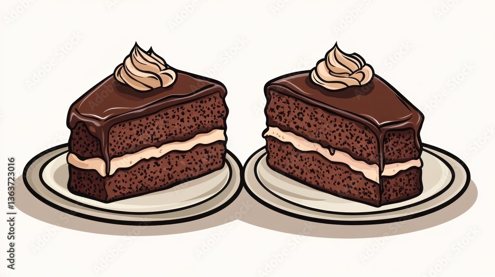 Two chocolate cake slices with frosting on plates. Dessert menu illustration Two chocolate cake slices with frosting on plates. Dessert menu illustration