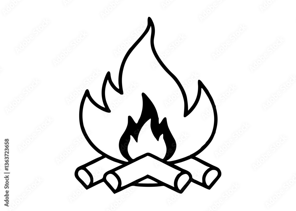 Campfire Silhouette: A minimalist line drawing of a campfire, the flames dancing above the crossed logs. Perfect for designs related to camping, outdoor activities, and warmth. Campfire Silhouette: A minimalist line drawing of a campfire, the flames dancing above the crossed logs. Perfect for designs related to camping, outdoor activities, and warmth.