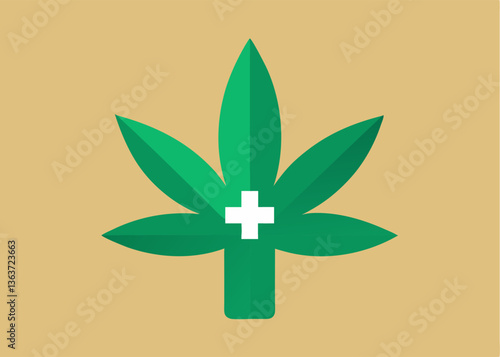 The image presents a stylized illustration of a cannabis leaf, at the center is a plus sign. The overall appearance of the graphic, suggesting medical applications.