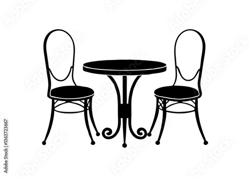 Monochrome Cafe Setting: An elegant, monochrome illustration of a bistro set, comprising a round table and two chairs. This image brings the essence of cozy cafe culture to life.
