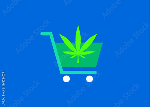 Cannabis Shopping Cart: A vibrant graphic of a shopping cart adorned with a cannabis leaf, set against a striking blue backdrop, symbolizing the ease and accessibility of a growing industry.