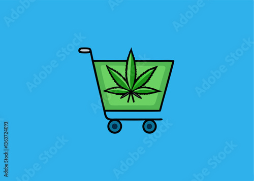 Cannabis Shopping Cart: A whimsical illustration featuring a vibrant green shopping cart prominently displaying a cannabis leaf, set against a vivid blue backdrop.