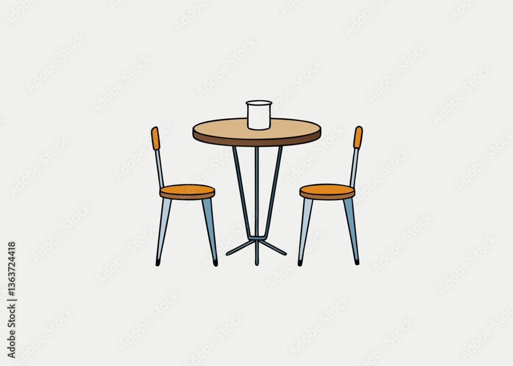 Stylish Cafe Setting: A charmingly minimalist illustration depicts a circular table accompanied by two chairs, with a glass placed atop. capturing the essence of a cozy cafe or a stylish dining area Stylish Cafe Setting: A charmingly minimalist illustration depicts a circular table accompanied by two chairs, with a glass placed atop. capturing the essence of a cozy cafe or a stylish dining area