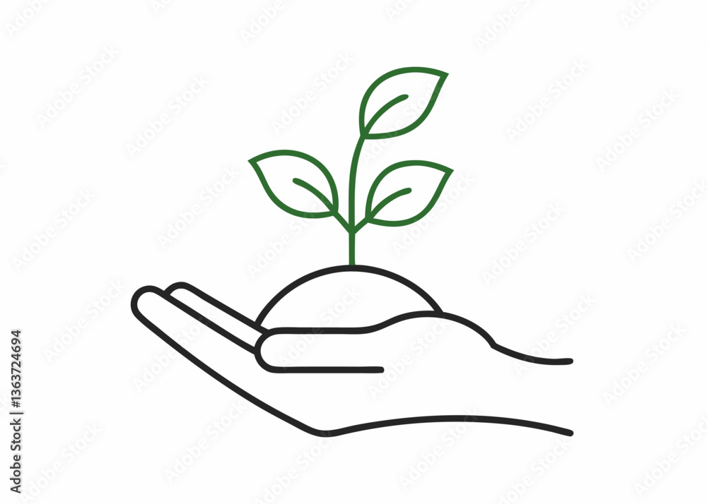 Nurturing Growth: An illustrated hand cradles a sprouting plant, symbolizing care, sustainability, and environmental awareness. Nurturing Growth: An illustrated hand cradles a sprouting plant, symbolizing care, sustainability, and environmental awareness.