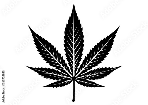 Cannabis Leaf: A stark, high-contrast, and stylized rendering of a cannabis leaf in monochrome, representing a symbol with diverse implications. 