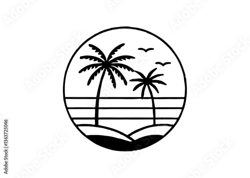 Tropical Escape: A minimalist illustration of a tropical scene, capturing the essence of a sunny beach day with palm trees, seagulls, and the sea framed within a circle. 