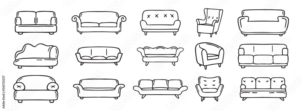 Obraz premium sofa and armchair doodle hand drawn icon set. luxury couch for apartment, comfort sofa models. Outline drawing sofa and armchair line clipart symbol collection