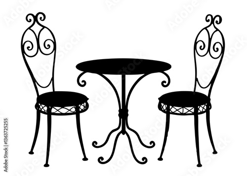 Silhouette of Elegant Outdoor Furniture: A classic wrought iron table and two chairs with intricate scrollwork, evoking a sense of timeless elegance, waiting on a balcony.