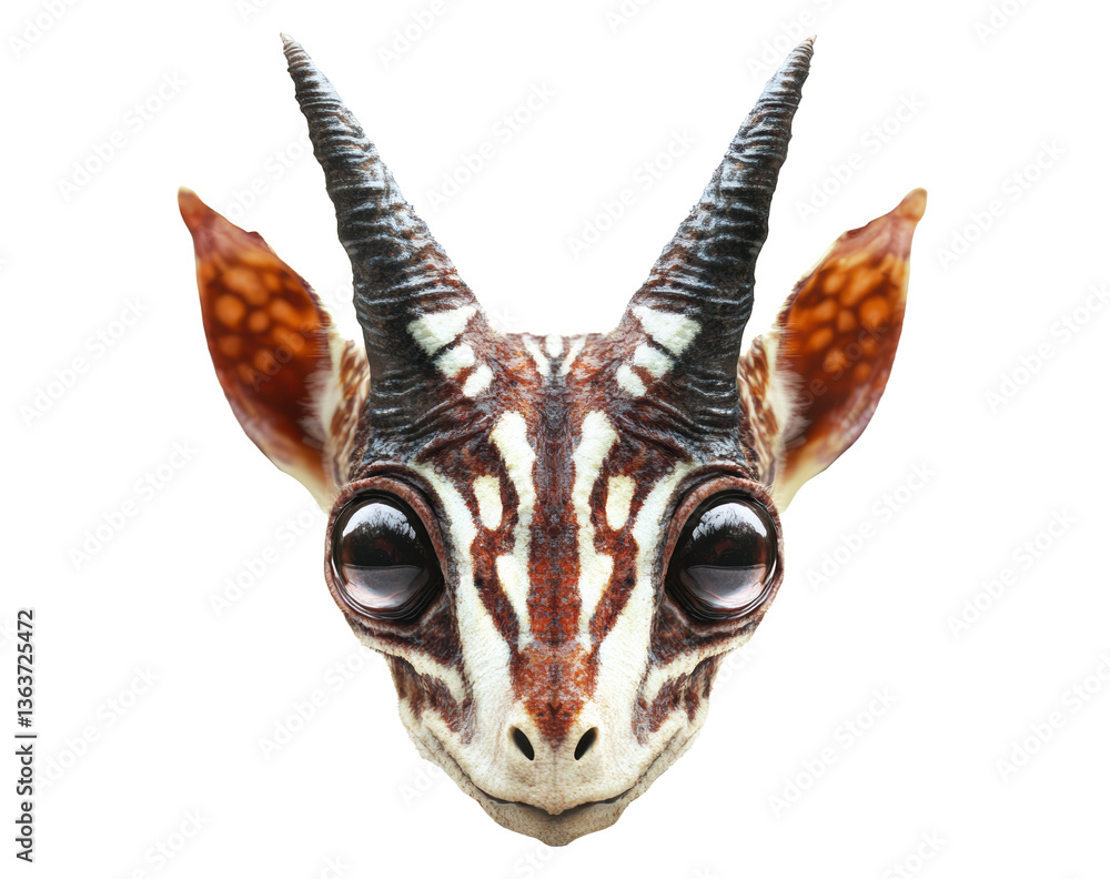 Obraz premium Unique creature with large eyes and distinctive horns in close-up view on Transparent Background