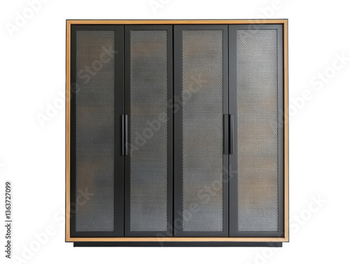 Stylish black and wood storage cabinet with perforated design on Transparent Background
