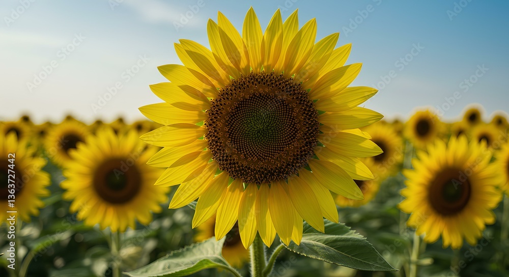 Bright Sunflower in Bloom Against a Clear Sky in a Summer Field Bright Sunflower in Bloom Against a Clear Sky in a Summer Field