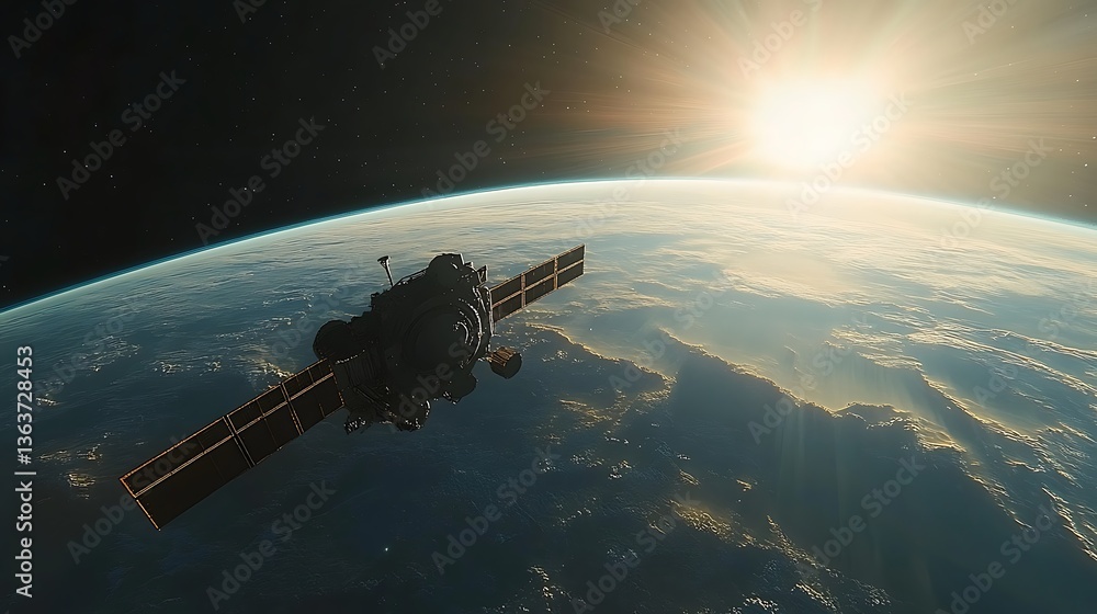 Obraz premium Satellite Orbiting Planet at Sunrise, A satellite orbits a planet with a bright sun in the background