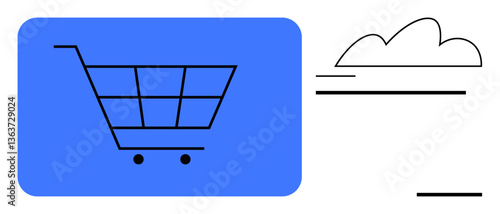 Shopping cart alongside abstract cloud design representing online shopping, e-commerce, cloud computing, or delivery concepts. Ideal for retail, technology, digital commerce, online stores, shipping