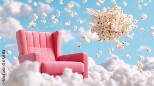 Pink armchair on clouds dreamy sky