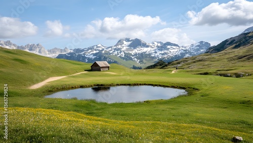 Lush alpine meadow with a tranquil pond and rustic cabin under clear skies in the stunning mountains of summer