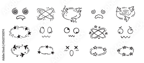 Dizzy effect drawing hand drawn doodle cartoon set. dizzy faces, birds and stars overhead emotions drawing.