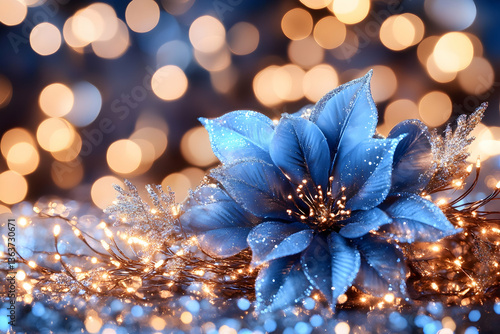 Sparkling blue poinsettia with warm lights