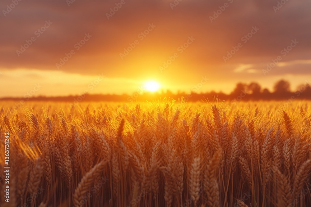 Vast wheat field shimmers in golden hues as the sun sets, casting a warm glow across the landscape and creating a serene atmosphere Generative AI Vast wheat field shimmers in golden hues as the sun sets, casting a warm glow across the landscape and creating a serene atmosphere Generative AI