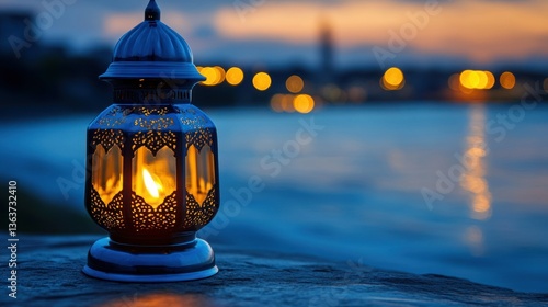Serene Sunset Glow: A Moroccan Lantern Illuminates the Twilight Shore