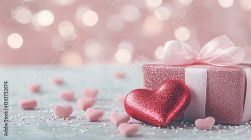 Sparkly pink gift box with ribbon surrounded by small heart candies and a red glitter heart, perfect for Valentine's Day or romance themes..