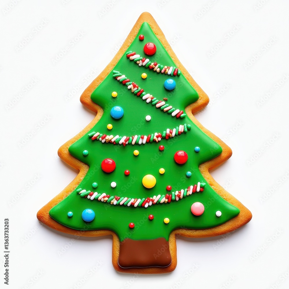 Delightful Christmas Gingerbread Cookie Display: Festive Icing and Sprinkles Against White Background. A decorated gingerbread cookie shaped like a Christmas tree. Delightful Christmas Gingerbread Cookie Display: Festive Icing and Sprinkles Against White Background. A decorated gingerbread cookie shaped like a Christmas tree.
