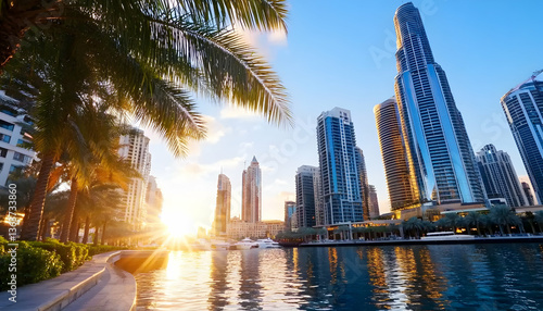 Sun setting over modern cityscape, palm trees framing waterfront