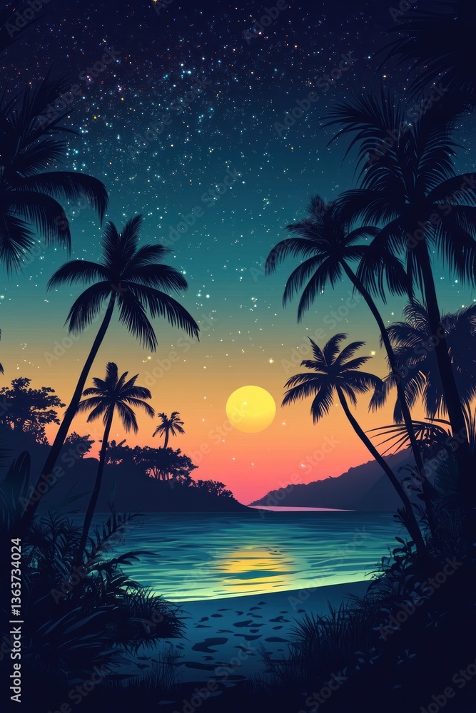 A beautiful tropical beach scene under a starry night sky A beautiful tropical beach scene under a starry night sky
