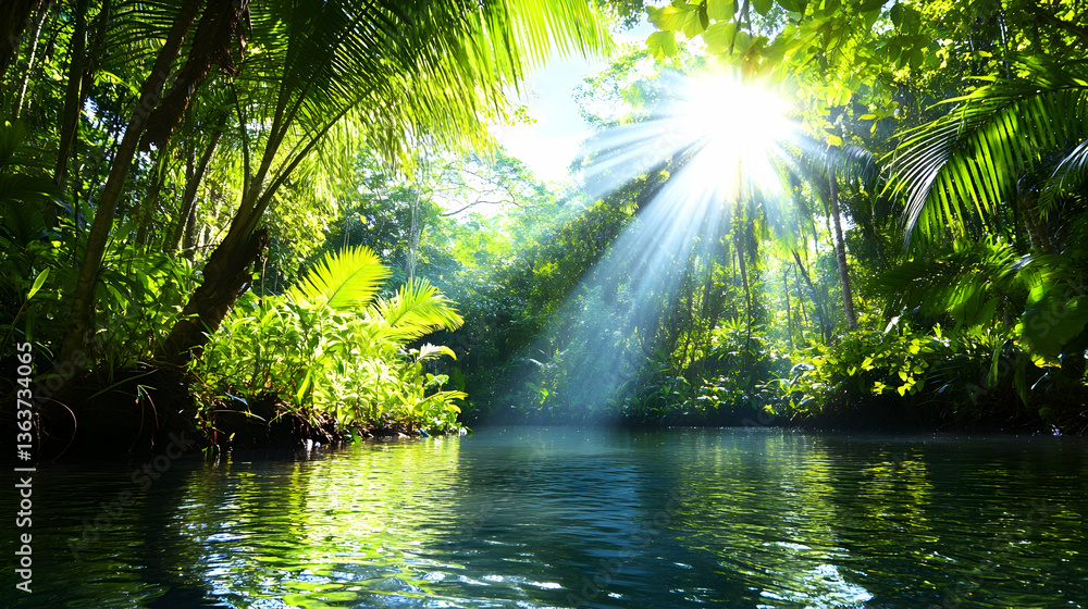 Obraz premium Sunbeams pierce lush tropical jungle canopy, illuminating calm river