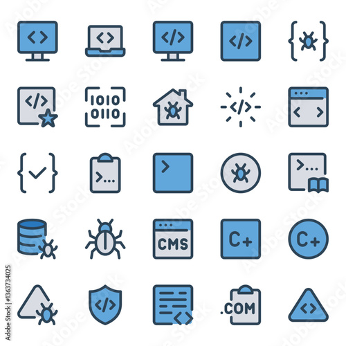 Filled blue outline icons set for Web development, programming.