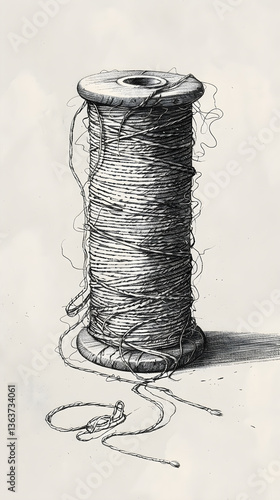 Intricate Drawing of a Yarn Spool: Highlighting Texture and Creativity in Thread Coiling Art