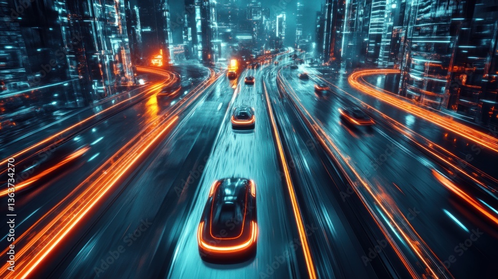 Dynamic future city highway, autonomous cars with bright light streams illustration