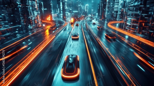 Obraz na płótnie Dynamic future city highway, autonomous cars with bright light streams illustration w salonie