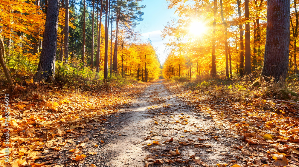 Obraz premium Sunlit autumn path through vibrant golden forest