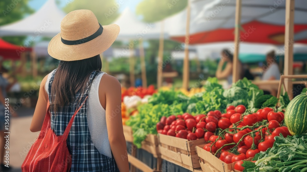 Fototapeta premium A woman with a straw hat surveys the vibrant market produce