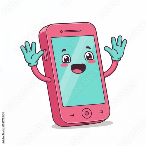 Cheerful cartoon smartphone character with expressive face and hands