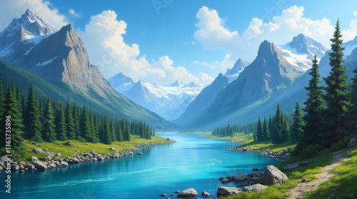 Serene mountain landscape with blue river valley