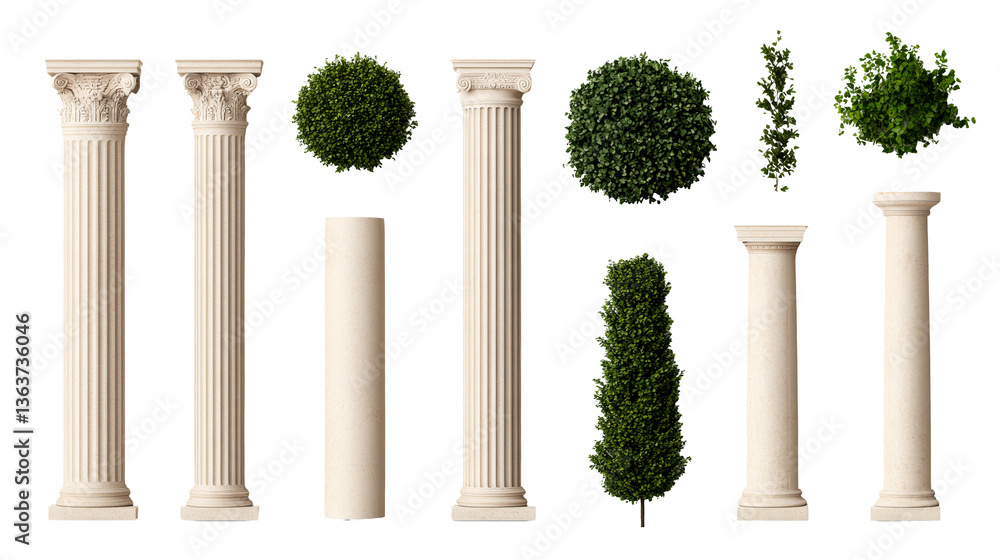 Naklejka premium Garden composition with columns and decorative bushes, cut out transparent