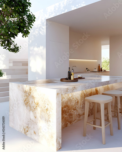 Sunlit outdoor kitchen with marble island, stools, and minimalist design
