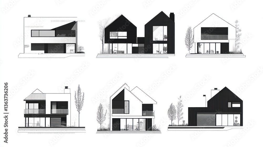 Fototapeta premium Modern house designs, architectural plans, exterior views, residential buildings, suburban setting