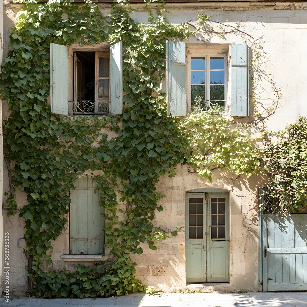 Fototapeta premium Charming stone house enveloped by lush green vines in a quaint village basking in the warm afternoon sun