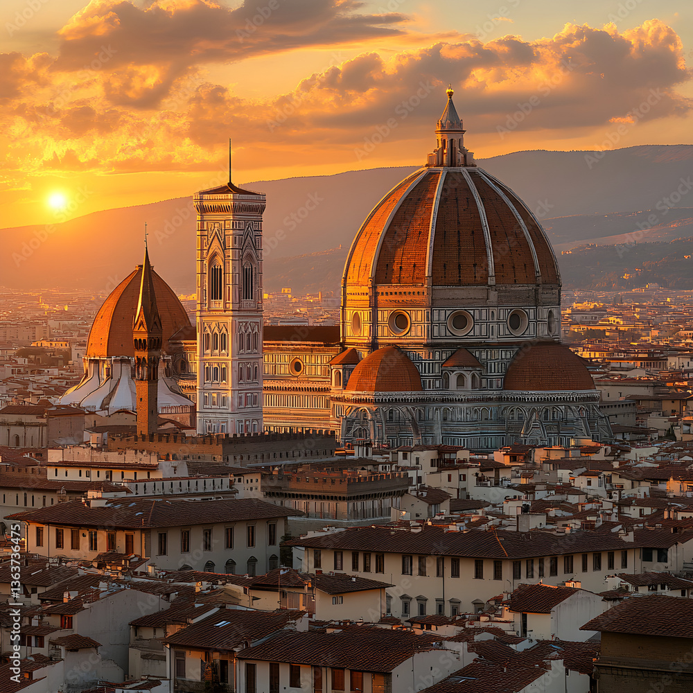 Fototapeta premium Florence Cathedral Sunset Duomo Giotto s Campanile Italian Architecture