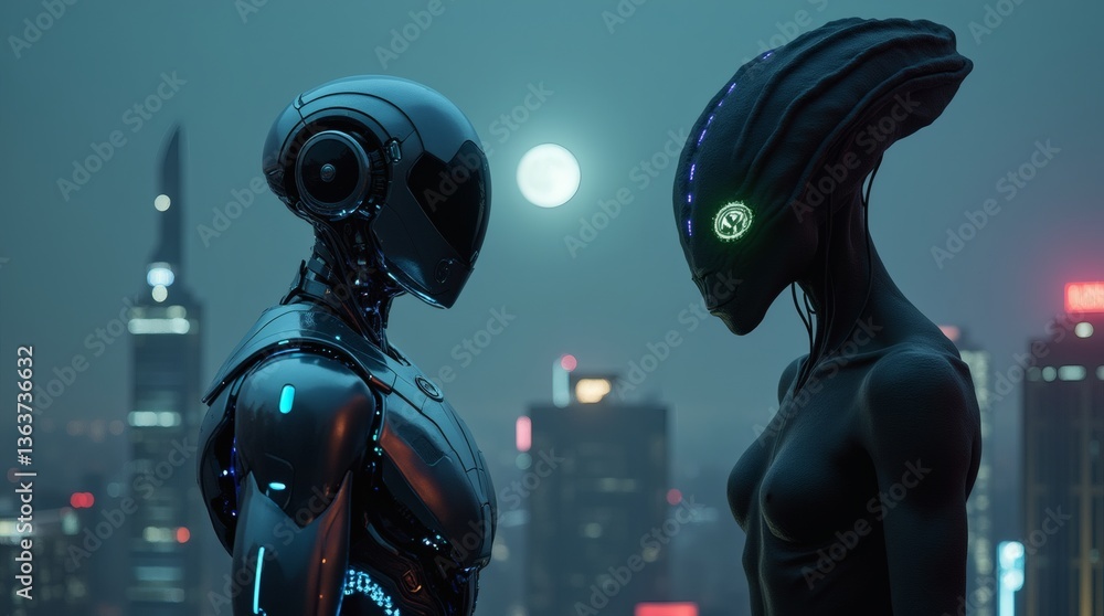 alien and Robot figures facing each other in a futuristic city alien and Robot figures facing each other in a futuristic city