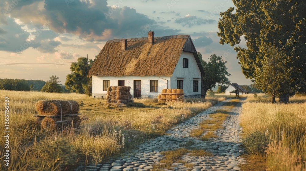 Fototapeta premium Charming Rural Cottage with Thatched Roof Surrounded by Hay Bales and Cobblestone Pathway in a