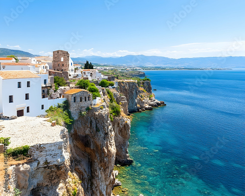 Sunny coastal town perched on dramatic cliffs overlooking a vibrant blue sea