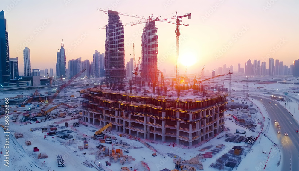 Obraz premium Sunrise over a snowy cityscape with numerous skyscrapers under construction