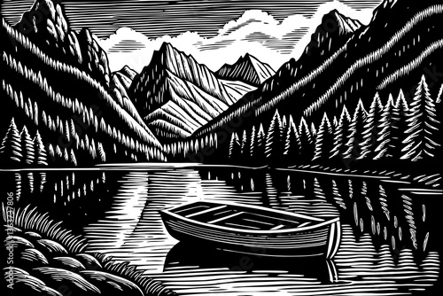 Boat on the Lake in high mountains black and white hand drawn sketch outline