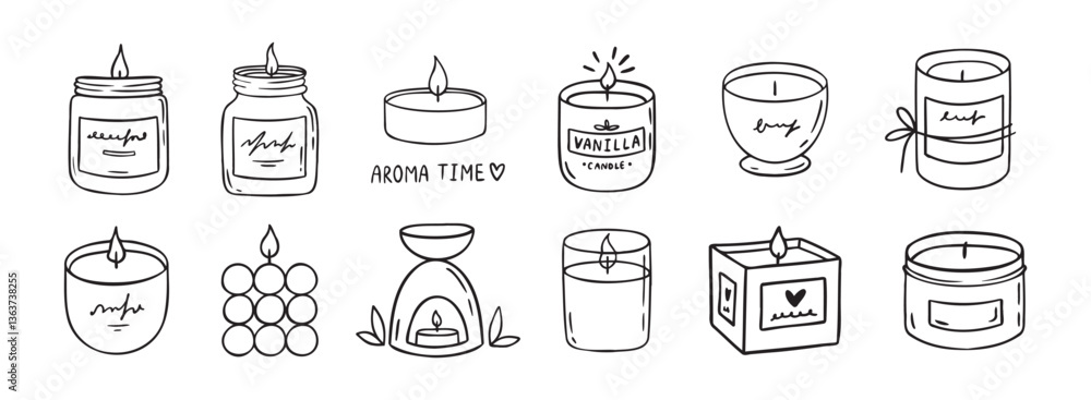 Candle doodle hand drawn icon set. Different shapes of wax candles, cubes, cylinders, balls. Burning candles Candle doodle hand drawn icon set. Different shapes of wax candles, cubes, cylinders, balls. Burning candles