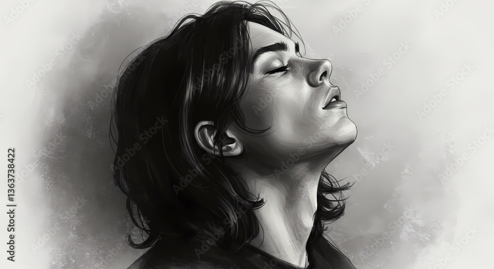 A digital portrait of a young man with long, dark hair, seen from a low angle. The man has his eyes closed and his head slightly tilted back. The image has a muted color palette with shades of gray an A digital portrait of a young man with long, dark hair, seen from a low angle. The man has his eyes closed and his head slightly tilted back. The image has a muted color palette with shades of gray an