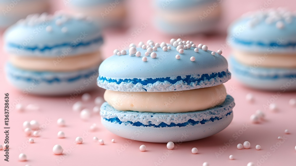 Delicious light blue macarons with cream filling and white sprinkles on display Delicious light blue macarons with cream filling and white sprinkles on display